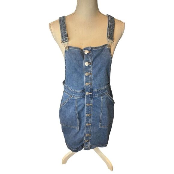 Vtg GUESS JEANS Denim Mini Dress Button Down Bib Overall Front Skater XL Y2K - Picture 1 of 6